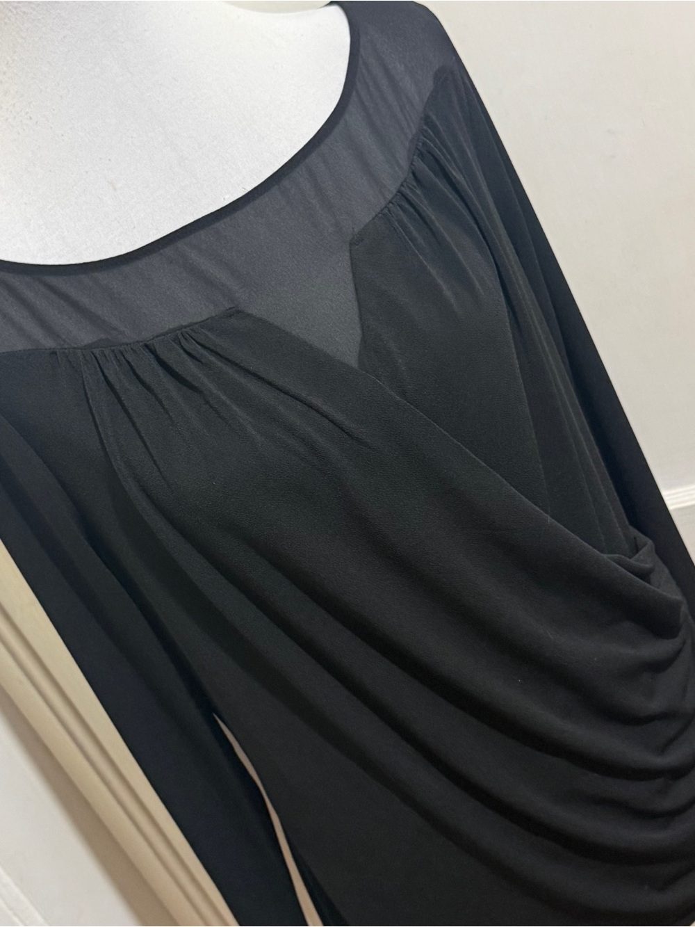 Ann Taylor Black Long-Sleeve Draped Sheer-Yoke Women’s top